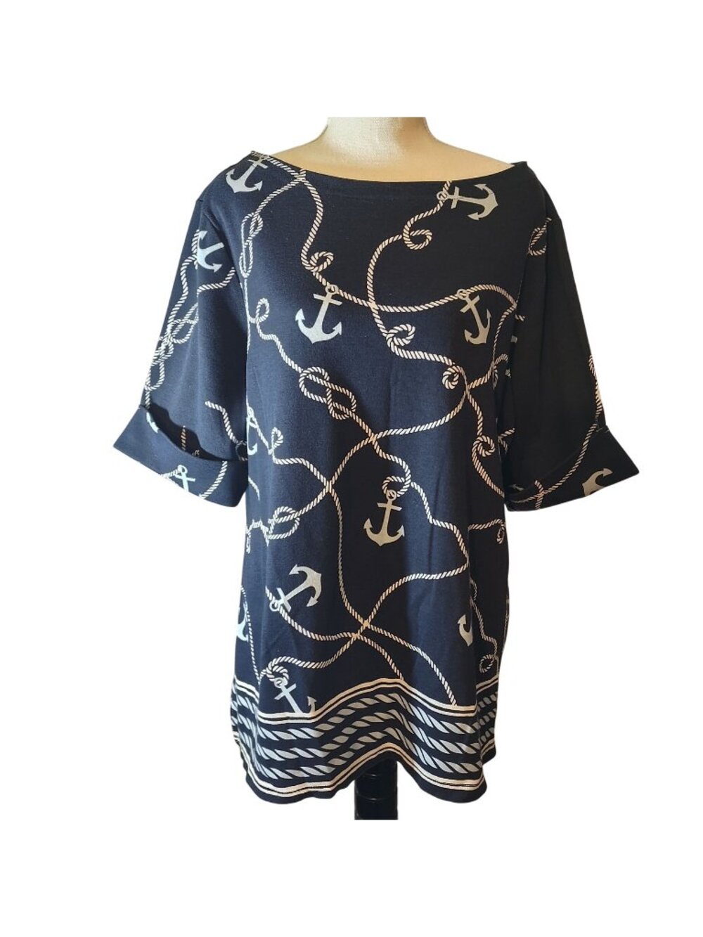Karen Scott Womens Nautical Print Tunic Top 1X Navy Blue Anchor & Rope Design